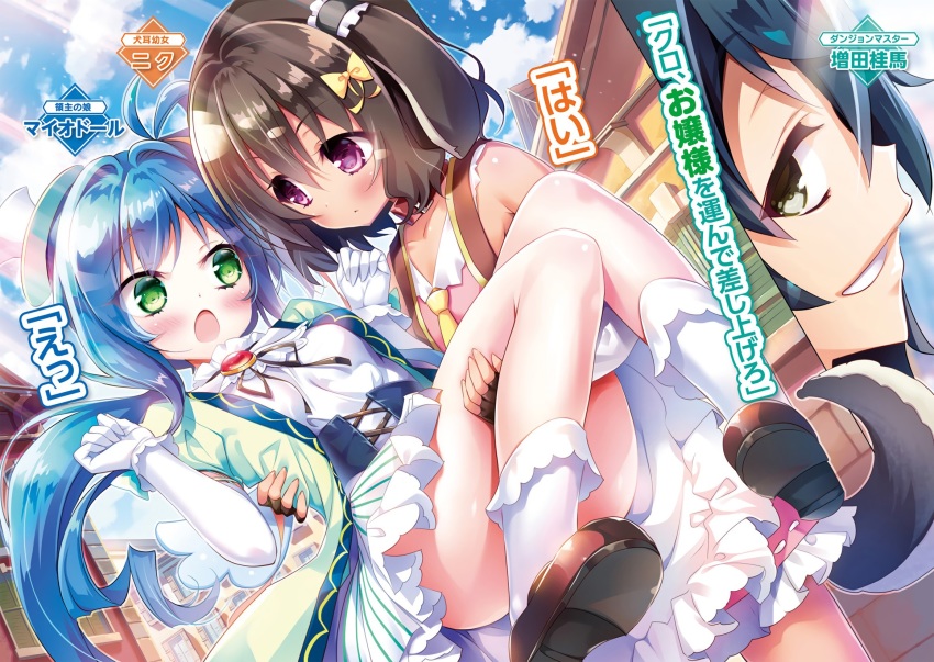 1boy 2girls animal_ears blue_hair blush brown_hair carrying child convenient_censoring green_eyes hat highres legs multiple_girls novel_illustration official_art open_mouth princess_carry purple_eyes shoes tail upskirt youta zettai_ni_hatarakitakunai_dungeon_master_ga_damin_wo_musaboru_made