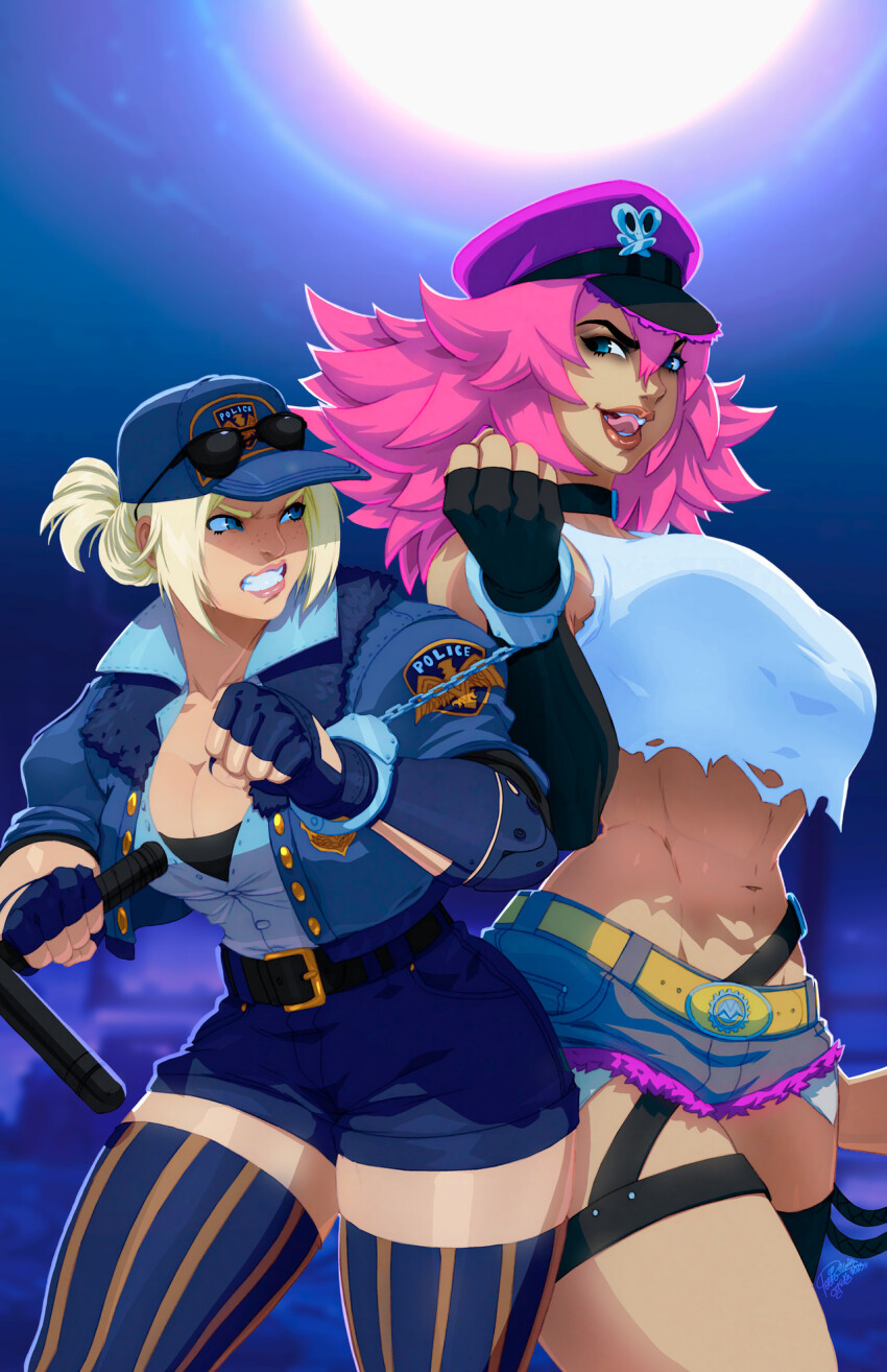 2girls angry big_hair blonde_hair blue_eyes breasts commentary cuffs cutoffs denim denim_shorts english_commentary fingerless_gloves gloves handcuffs hat highres lips looking_at_another lucia_morgan multiple_girls peaked_cap poison_(final_fight) police police_uniform policewoman shorts street_fighter street_fighter_v thighhighs tongue tovio_rogers