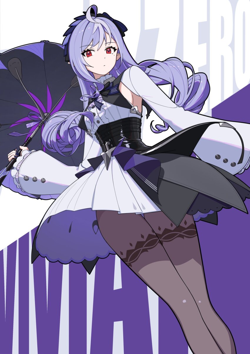 1girl armpit_cutout black_overskirt black_pantyhose black_skirt buncho_salmon character_name clothing_cutout commentary copyright_name dot_nose dress drill_hair dutch_angle feet_out_of_frame frilled_sleeves frills high-waist_skirt highres holding holding_umbrella long_hair long_sleeves mole mole_under_eye pantyhose purple_hair red_eyes skirt solo standing thighband_pantyhose umbrella vivian_banshee white_dress white_hair zenless_zone_zero