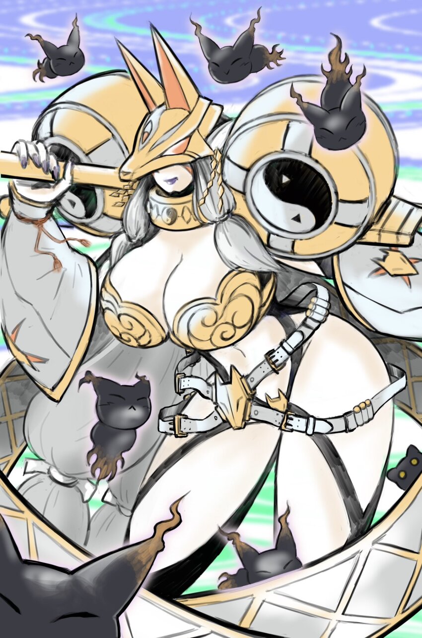 armor digimon digimon_(creature) earrings fox_mask highres jewelry lipstick long_hair low-tied_long_hair makeup mask multiple_earrings nail_polish sakuyamon sakuyamon_x-antibody yin_yang