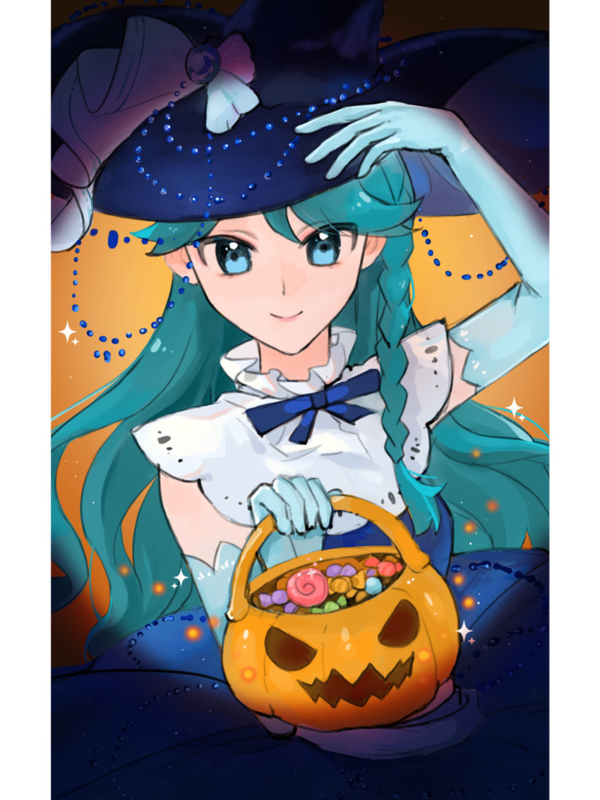 1girl alternate_costume aqua_hair bare_shoulders beads blue_bow blue_bowtie blue_dress blue_eyes blue_gloves blue_hat border bow bowtie braid bucket candy capelet chinese_commentary closed_mouth collared_capelet commentary_request cowboy_shot dress elbow_gloves food frilled_capelet frills gem gloves go!_princess_precure halloween halloween_bucket halloween_costume hand_on_headwear happy hat hat_ornament hat_ribbon highres holding holding_bucket kaidou_minami light_particles lips lollipop long_hair looking_at_viewer orange_background pearl_(gemstone) pillarboxed pink_lips pink_ribbon precure ribbon shell_hat_ornament single_braid sleeveless sleeveless_dress smile solo sparkle standing tsurime very_long_hair vignetting wavy_hair white_border white_capelet witch xiyou_(xhs_8933014455)