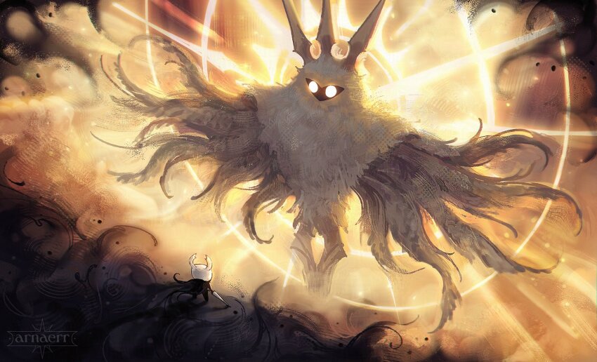 1girl 1other arnaerr arthropod_girl artist_name black_cape black_skin blank_eyes boss_fight cape colored_skin crown facing_another feathered_wings floating_cape fog glowing glowing_eyes glowing_lines highres holding holding_weapon hollow_knight horned_mask horns knight_(hollow_knight) looking_at_another looking_to_the_side mask nail_(hollow_knight) radiance_(hollow_knight) signature tentacles weapon white_fur white_mask wings