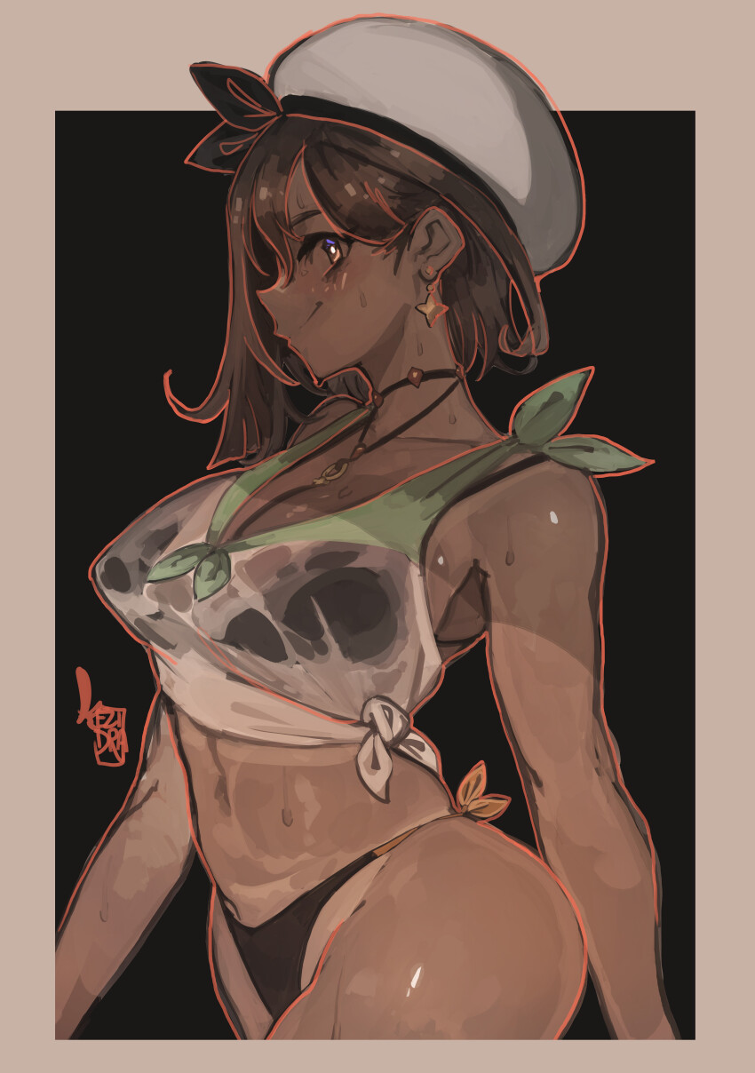1girl absurdres asymmetrical_bangs atelier_(series) atelier_ryza bare_shoulders beret bikini bikini_tan bikini_under_clothes black_bikini black_boots boots breasts brown_eyes brown_hair commentary cowboy_shot crop_top dark-skinned_female dark_skin earrings front-tie_top hat highres jewelry keziedra large_breasts looking_at_viewer necklace outline profile red_outline reisalin_stout shirt short_hair sideways_glance smile solo star_(symbol) star_earrings star_necklace swimsuit tan tanline tied_shirt white_hat