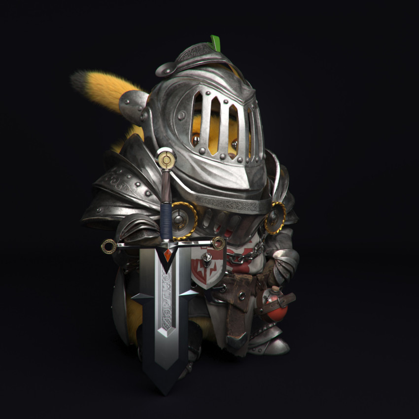 3d armor belt blurry brown_eyes chain clothing_request coat_of_arms depth_of_field evgeniy_aleshechkin furry game_freak gen_1_pokemon grey_background helmet highres knight looking_away looking_to_the_side nintendo pikachu pokemon pokemon_(creature) potion realistic simple_background solo sword tagme tail weapon yellow_fur zbrush_(medium)