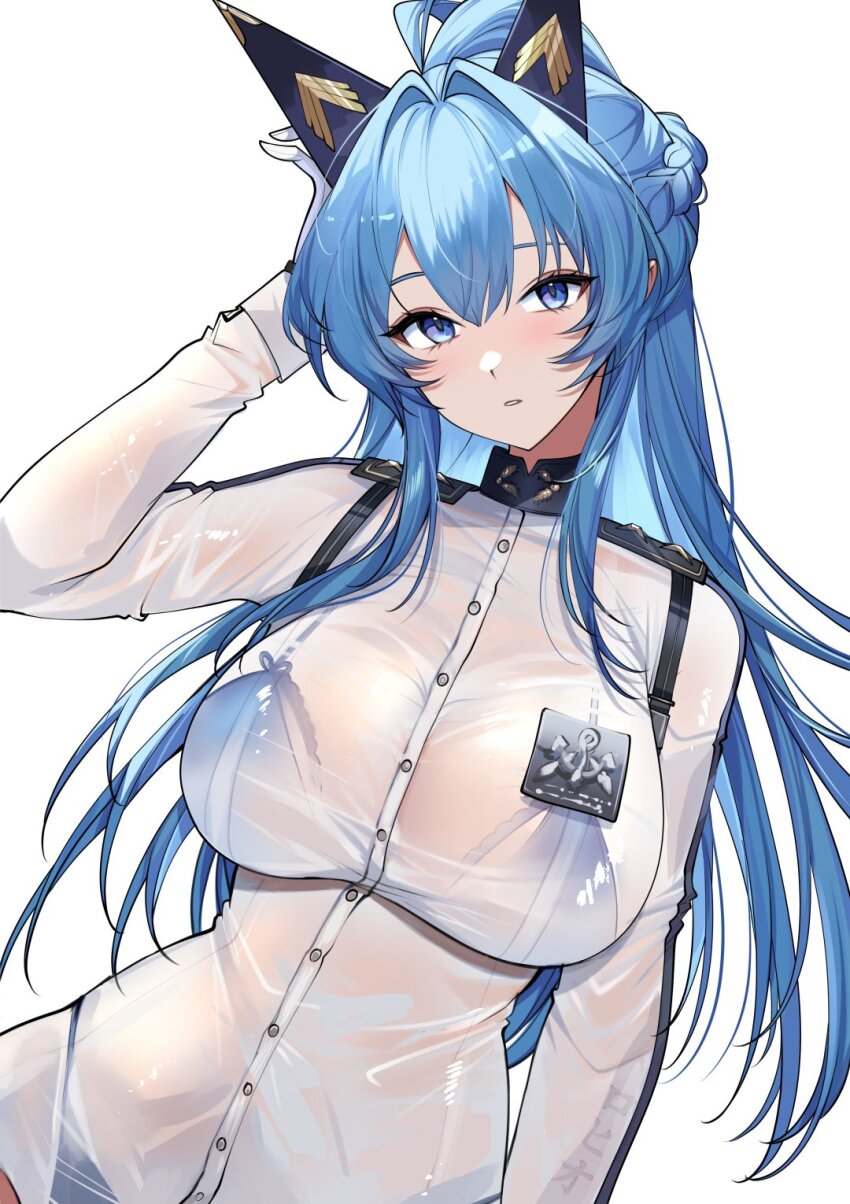 1girl bikini bikini_visible_through_clothes blue_bikini blue_eyes blue_hair braid breasts buttons commentary gloves goddess_of_victory:_nikke hair_intakes helm_(aqua_marine)_(nikke) helm_(nikke) highres jacket large_breasts long_hair long_sleeves naval_jacket rohioart shoulder_boards solo swimsuit wet wet_clothes wet_jacket white_background white_gloves white_jacket