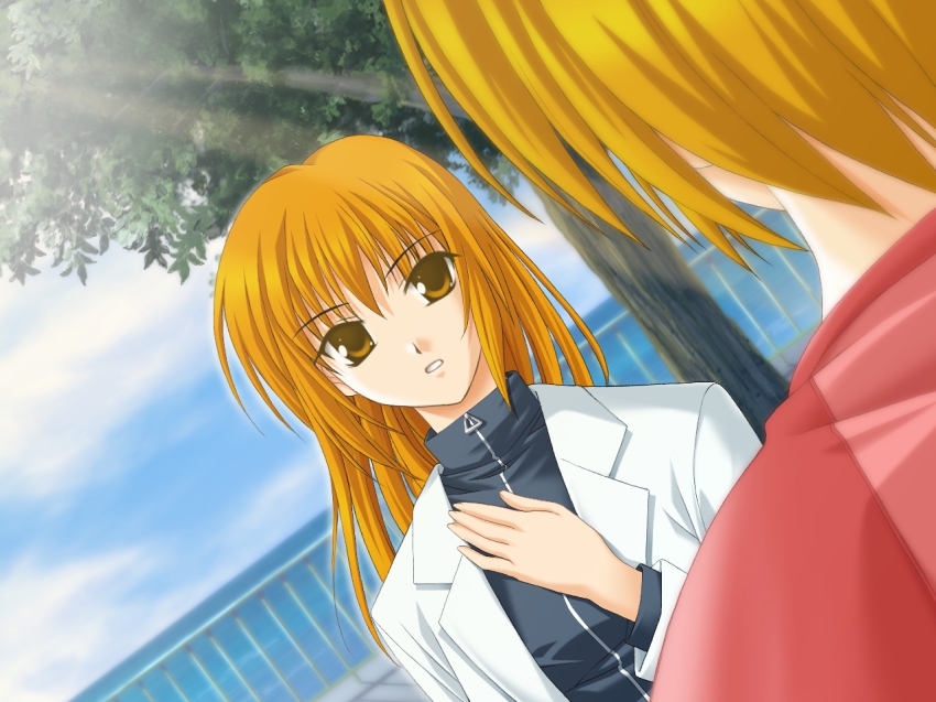 2girls 5pb. blonde_hair cloud day dutch_angle ever_17 fence from_behind game_cg lab_coat long_hair multiple_girls outdoors raglan_sleeves short_hair sky spoilers takigawa_yuu tanaka_yubiseiakikana tanaka_yubiseiharukana tree water yellow_eyes you