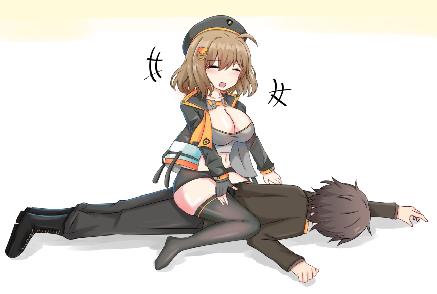 1boy 1girl ahoge anis_(nikke) blush boots breasts brown_hair cleavage commander_(nikke) cyberdemon_no3 gloves goddess_of_victory:_nikke hair_ornament highres jacket large_breasts long_sleeves looking_at_viewer military_uniform navel short_hair smile thigh_boots