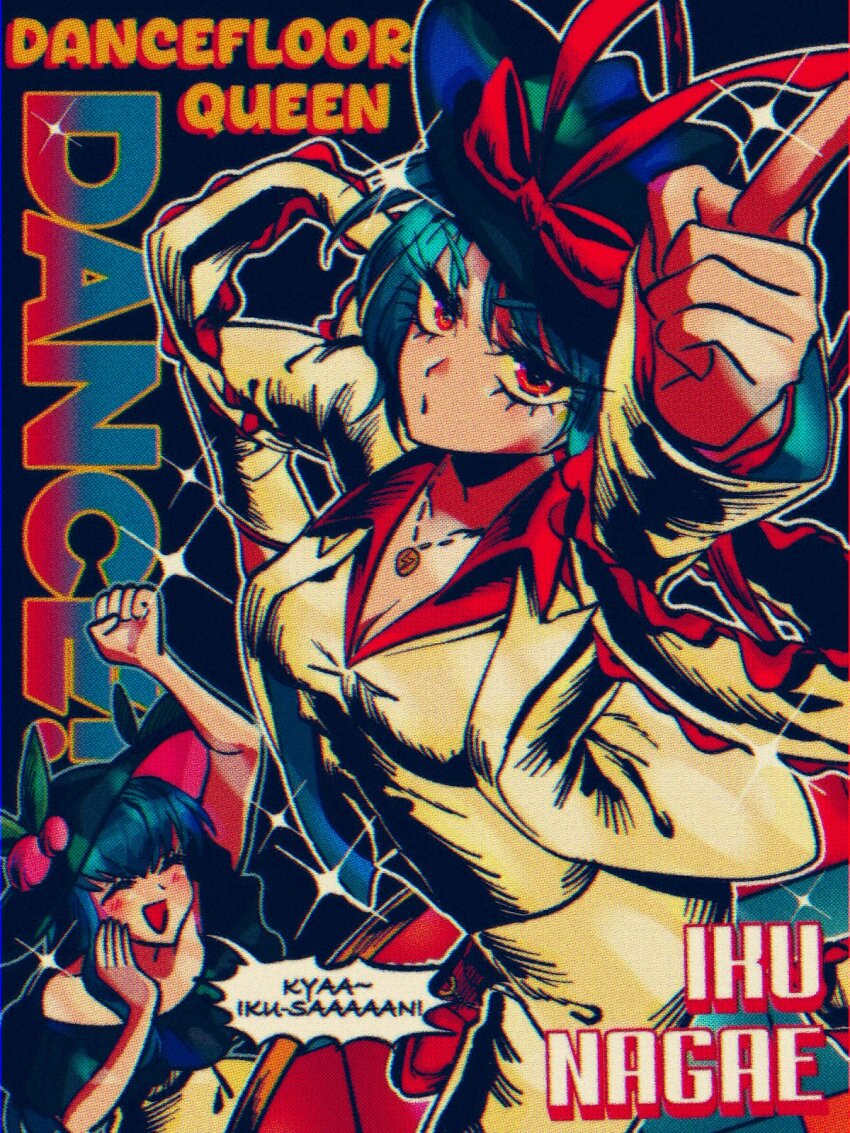 2girls alternate_costume black_hat blue_hair bow commentary english_text hat hat_bow highres hinanawi_tenshi jacket jewelry long_sleeves looking_at_viewer mememedama10 multiple_girls nagae_iku pants peach_hat_ornament pendant pointing pointing_up poster_(medium) red_bow red_eyes short_hair solo_focus touhou white_jacket white_pants