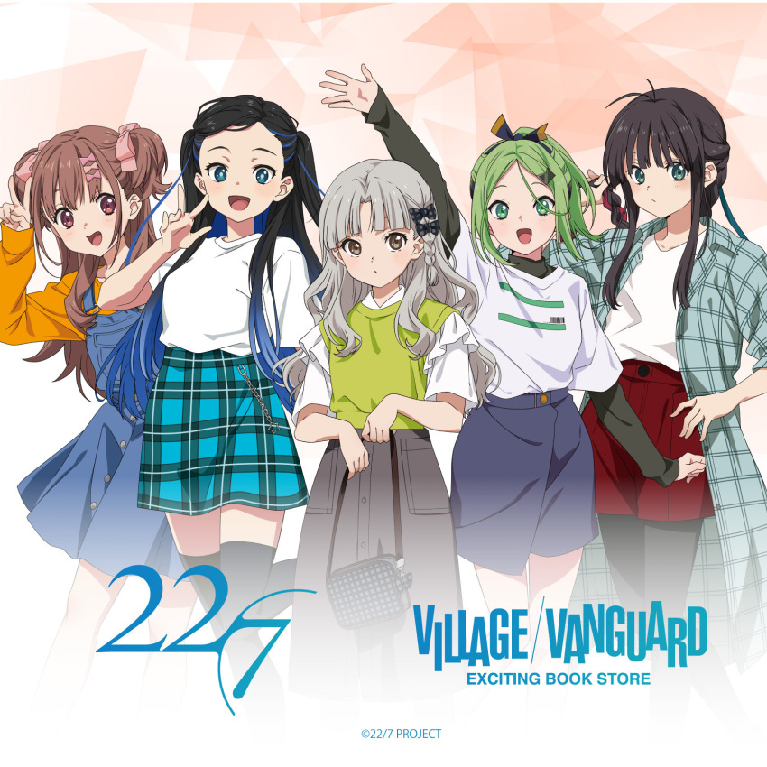 22/7 5girls :d aqua_eyes aqua_skirt arm_up bag black_bow black_hair black_pantyhose black_shirt black_thighhighs blue_hair blue_overalls bow bow_hairband braid braided_ponytail brown_eyes brown_hair casual closed_mouth cropped_legs fanged_bangs gradient_background gradient_hair green_eyes green_hair green_jacket green_ribbon green_vest grey_eyes grey_hair grey_skirt group_name hair_bow hair_ornament hair_ribbon hairband hairclip half_updo high-waist_skirt high_ponytail highres holding holding_bag jacket kiryu_touko layered_sleeves long_hair long_sleeves looking_at_viewer miniskirt multicolored_hair multiple_girls nagamine_kaede nishiura_sora official_alternate_costume official_art open_clothes open_jacket open_mouth orange_shirt overalls pantyhose parted_bangs pink_bow plaid_bow plaid_clothes plaid_skirt ponytail red_ribbon red_shorts ribbon sera_honoka shirt shirt_under_shirt short_over_long_sleeves short_sleeves shorts side_braid sidelocks single_braid skirt smile standing thighhighs two-tone_bow two-tone_hairband two_side_up v vest village_vanguard wavy_hair white_shirt yagami_toa zettai_ryouiki
