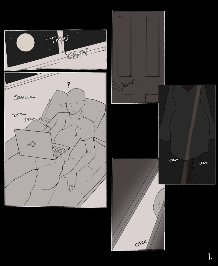 1boy 1girl bald barefoot computer dark-skinned_female dark_skin earphones greyscale highres laptop monochrome moon night night_sky on_bed open_mouth opening_door pillow sadie_(smoxul) sky smoxul sound_effects star_(sky) starry_sky window