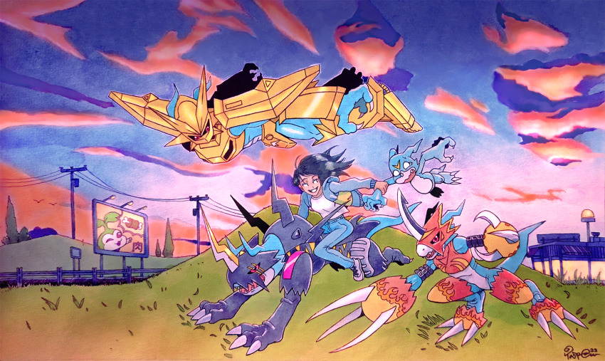 1girl :3 arm_belt armor armored_boots bare_shoulders belt billboard black_armor black_belt black_hair black_sclera blank_eyes blue_horns blue_skin blue_sky blue_tail boned_meat boots breastplate clawed_gauntlets colored_sclera colored_skin commission crop_top denim digimon digimon_(creature) evening evolutionary_line fake_horns fang fewer_digits fladramon flame_print floating_hair flying food gas_station gold_armor gold_helmet gold_mask gradient_sky grass grin helmet highres hill holding_another&#039;s_wrist hood hooded_jacket horned_helmet horns jacket jeans long_hair looking_at_another looking_back looking_down magnamon meat multicolored_skin multiple_belts one_eye_closed open_mouth outdoors painting_(medium) pants pauldrons power_lines print_armor raidramon red_armor red_eyes red_helmet red_sky riding riding_animal riding_digimon running sharp_teeth shoulder_armor single_horn sky sleeveless smile sunset surprised tanemon taragraphika teeth traditional_media tree two-tone_skin utility_pole v-mon watercolor_(medium) white_skin white_undershirt