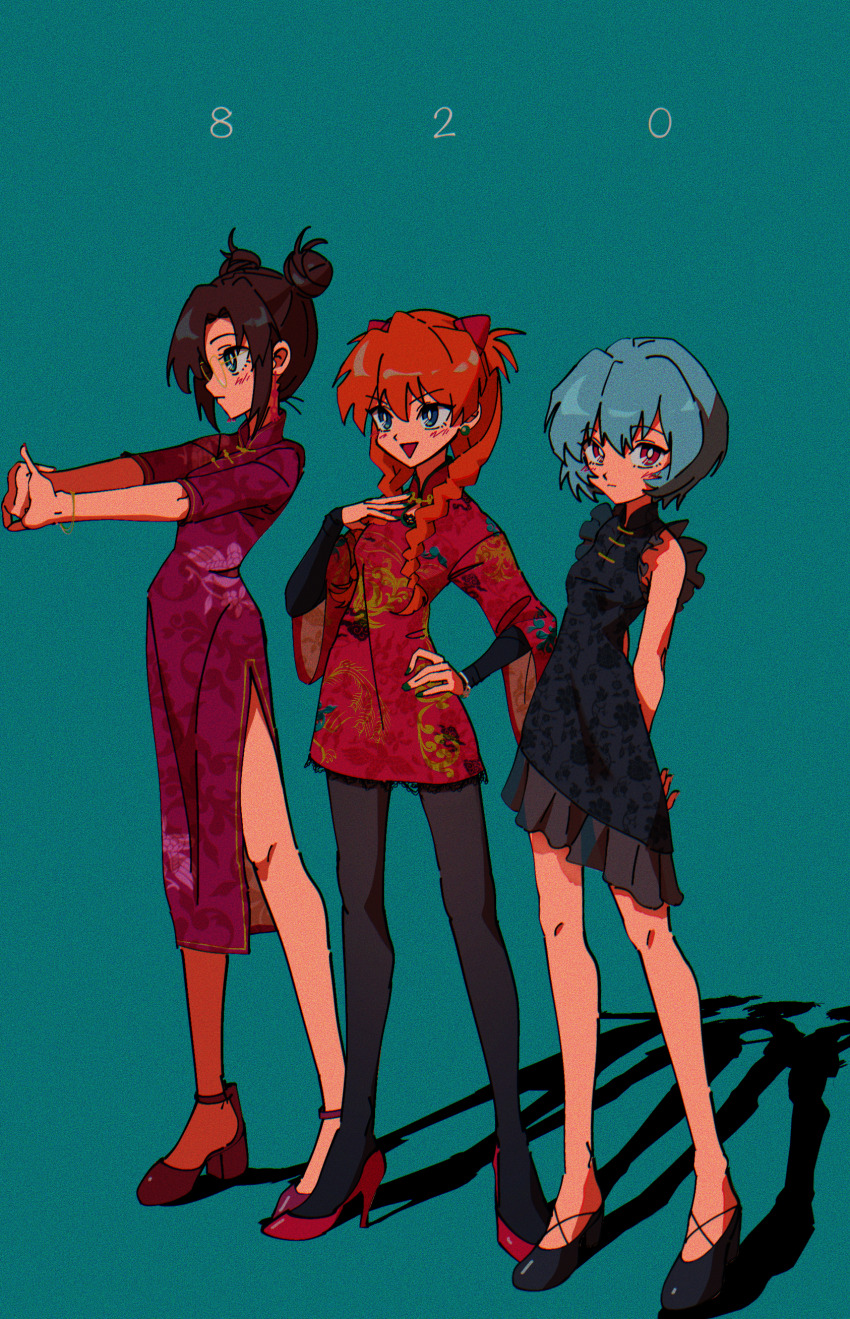 3girls absurdres alternate_hairstyle arms_behind_back ayanami_rei black_dress black_pantyhose black_shoes blue_background blue_eyes blue_hair braid brown_hair china_dress chinese_clothes double_bun dress full_body green_eyes hair_bun hair_over_shoulder hand_on_own_hip high_heels highres makinami_mari_illustrious multiple_girls neon_genesis_evangelion nzeneee pantyhose print_dress pumps rebuild_of_evangelion red_dress red_eyes red_hair red_shoes retro_artstyle shadow shoes short_dress short_hair side_slit sleeveless sleeveless_dress souryuu_asuka_langley stretching twin_braids
