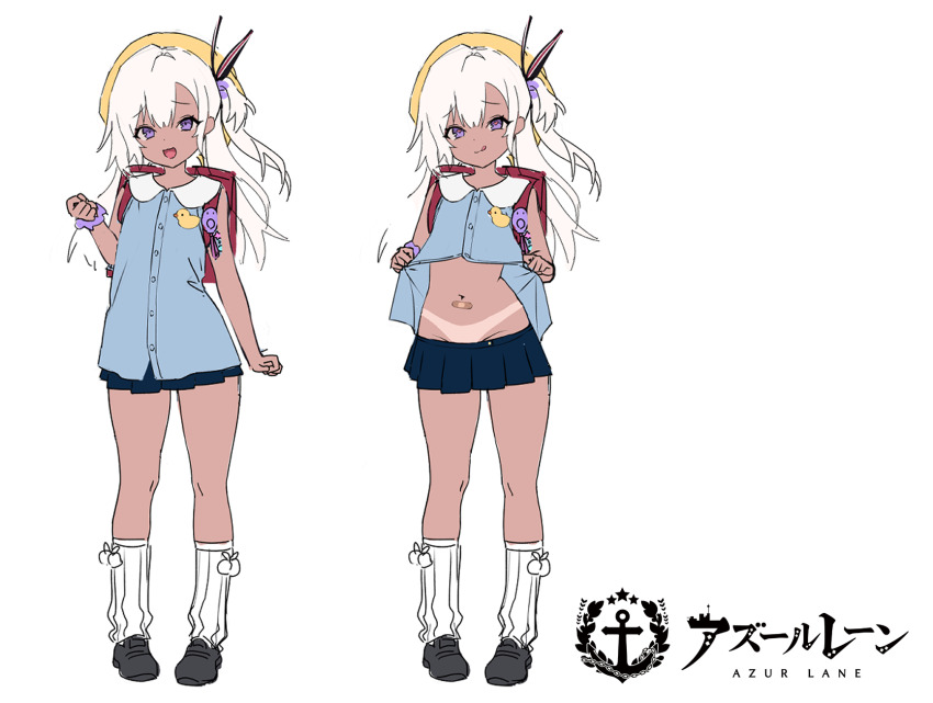 :d :q azur_lane bag bare_shoulders blonde_hair blue_skirt blue_vest clenched_hands clothes_pull concept_art copyright_name dark-skinned_female dark_skin full_body groin hair_between_eyes hand_up hands_up hat highres hip_focus leg_warmers lifting_own_clothes long_hair looking_at_viewer microskirt midriff miniskirt multiple_views navel no_panties official_alternate_costume open_mouth pleated_skirt presenting purple_eyes sanze_(gokiburi_kirai) school_bag school_uniform side_ponytail skirt skirt_pull smile standing tan tanline teasing tongue tongue_out u-31_(azur_lane) u-31_(let&#039;s_go_home)_(azur_lane) vest vest_lift worried
