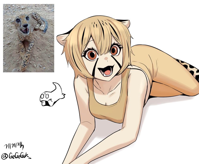 1girl :d animal_ears artist_name artist_self-insert bare_shoulders black_mouth black_streaks blonde_hair brown_eyes cat_ears cat_girl cat_tail cheetah cheetah_ears cheetah_girl cheetah_girl_(gegegekman) cheetah_tail collarbone creature_and_personification elbow_rest eyelashes feet_out_of_frame gegegekman hair_between_eyes highres korean_text looking_at_viewer lying midriff_peek on_stomach open_mouth original personification photo-referenced raised_eyebrows reference_inset sharp_teeth signature simple_background smile solo sports_bra spotted_hair tail teeth twisted_torso twitter_username white_background yellow_leggings yellow_sports_bra