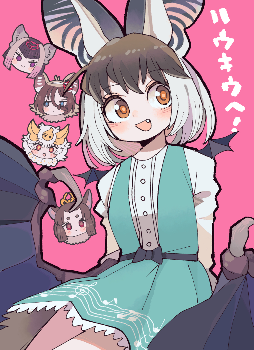 5girls absurdres animal_ear_fluff animal_ears bat_ears bat_girl bat_wings brown_eyes brown_hair brown_long-eared_bat_(kemono_friends) common_vampire_bat_(kemono_friends) dress extra_ears fraternal_myotis_(kemono_friends) grey_hair hair_ornament highres hilgendorf&#039;s_tube-nose_bat_(kemono_friends) honduran_white_bat_(kemono_friends) kanmoku-san kemono_friends kemono_friends_3 long_hair looking_at_viewer multicolored_hair multiple_girls open_mouth ribbon scarf short_hair simple_background translation_request wings