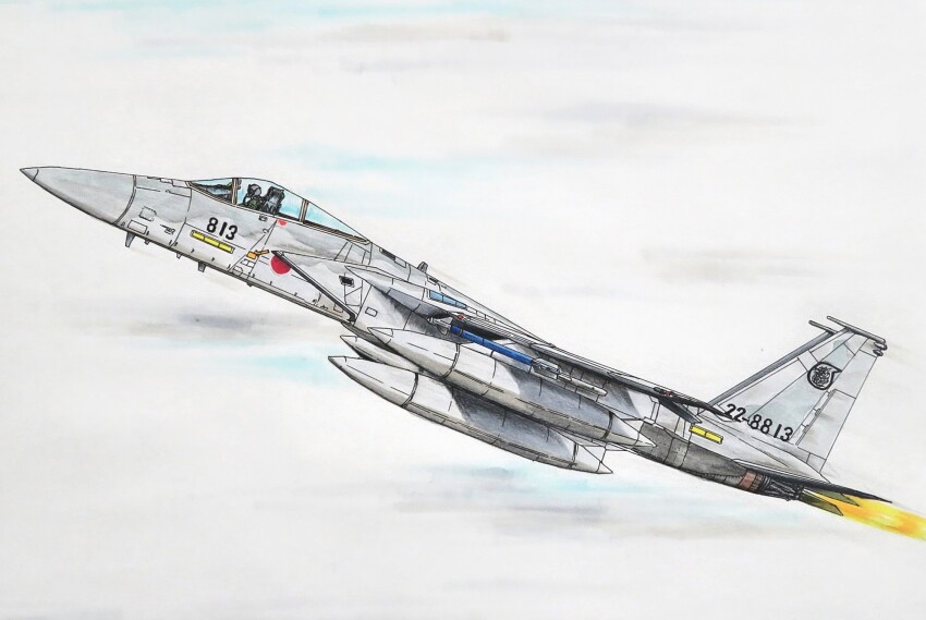 1other air-to-air_missile aircraft airplane f-15_eagle fighter_jet flying highres japan_air_self-defense_force japan_self-defense_force marker_(medium) military military_vehicle original overcast pilot sky smile_(jdsmyoko) traditional_media vehicle_focus