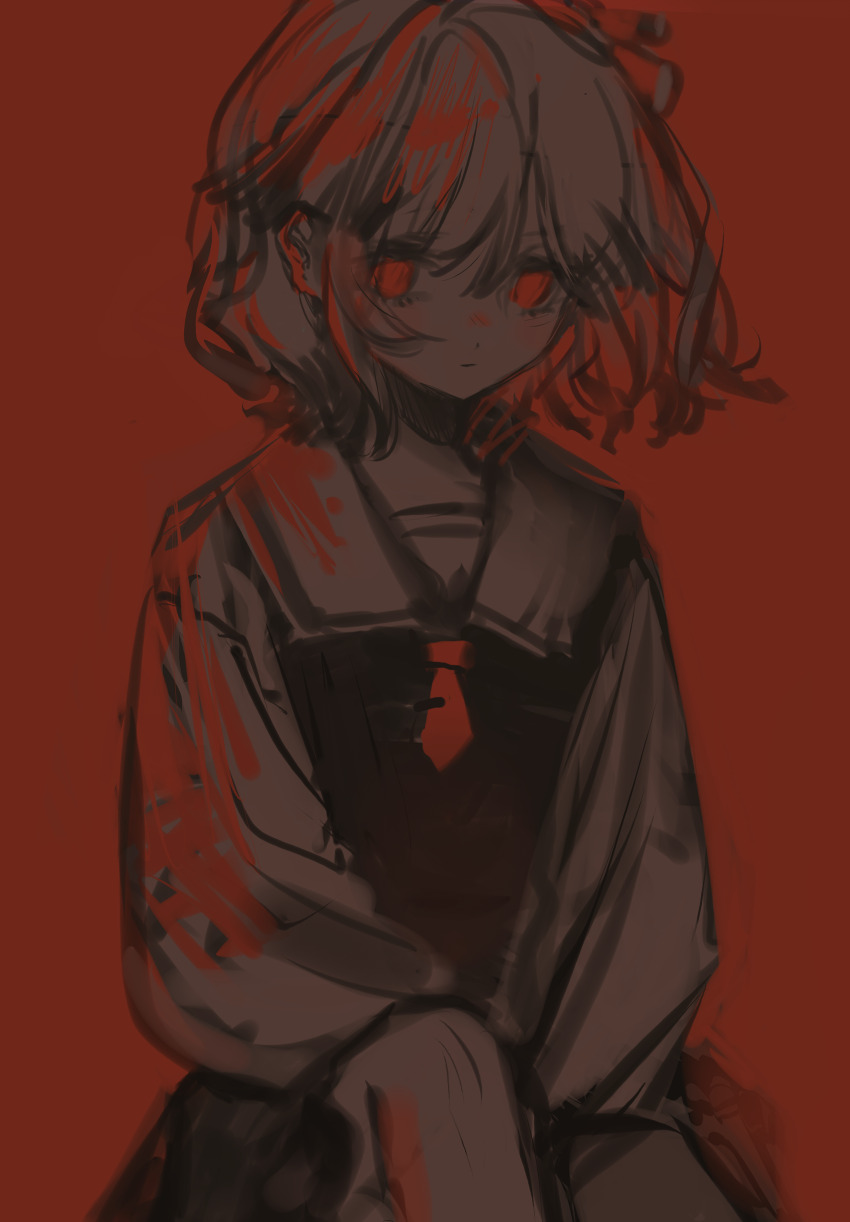 1girl absurdres black_skirt black_vest closed_mouth cowboy_shot highres medium_hair red_background red_eyes rumia shirt simple_background skirt solo touhou vest white_shirt zhixie_jiaobu