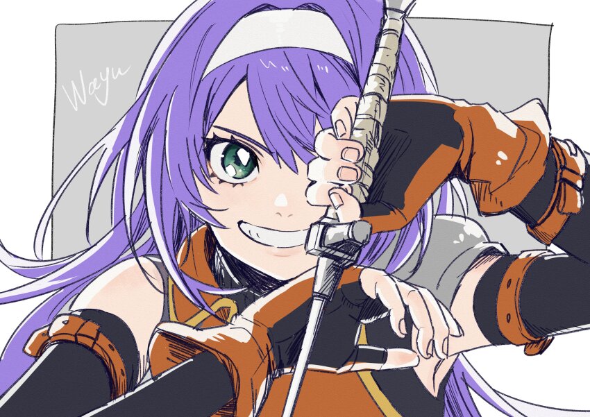 1girl absurdres arm_strap commentary_request dress elbow_gloves fingerless_gloves fire_emblem fire_emblem:_radiant_dawn gloves green_eyes hairband highres holding holding_sword holding_weapon hoshigaki_(hsa16g) long_hair looking_at_viewer mia_(fire_emblem) nintendo orange_dress purple_hair sleeveless sleeveless_dress solo sword upper_body weapon white_hairband