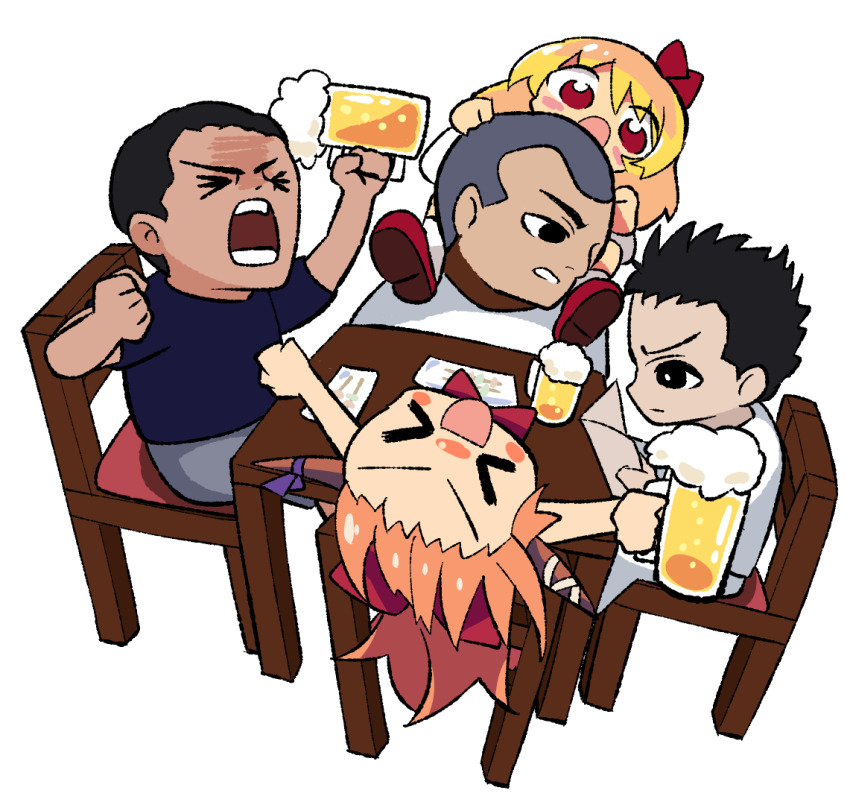 &gt;_&lt; 2girls 3boys :d alcohol beer beer_mug black_eyes blonde_hair blush_stickers bow brown_horns buzz_cut carrying chair cho_cola_star closed_eyes cookie_(touhou) cup full_body hair_bow horns ibuki_suika kimura_(coat_corp.) manatsu_no_yo_no_inmu miura_daisenpai mug multiple_boys multiple_girls nadeko_(cookie) open_mouth orange_hair piggyback red_bow red_eyes red_footwear rumia shoes short_hair simple_background sitting smile spiked_hair table touhou transparent_background very_short_hair xd yajuu_senpai yamin_(cookie)
