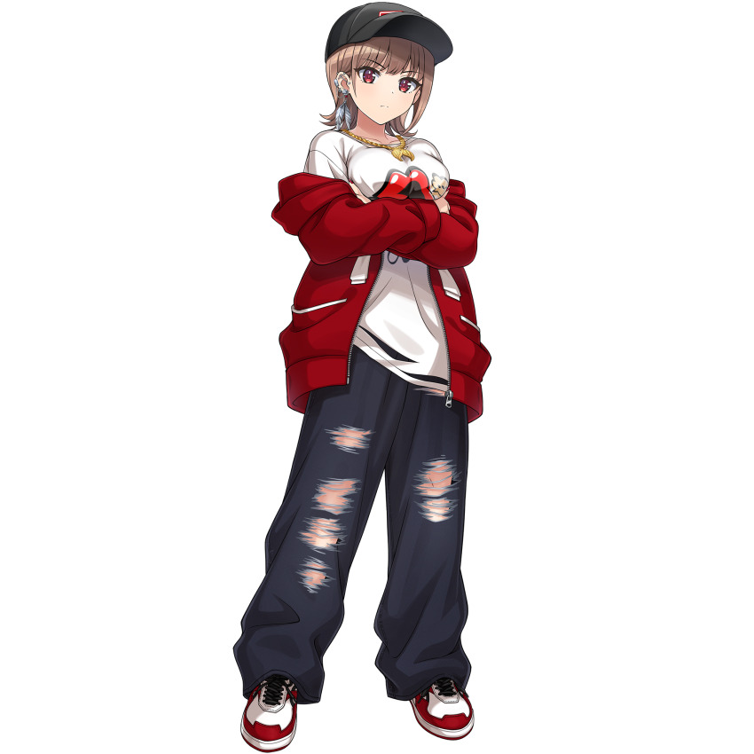 1girl arms_under_breasts baggy_clothes baggy_pants baseball_cap black_hat breasts brown_hair chain denim dolphin_wave earrings feather_earrings feathers game_cg gold_chain hat highres hood hood_down hoodie jeans jewelry kamie_tsugumi large_breasts light_frown looking_at_viewer medium_hair nail_polish non-web_source official_art ootomo_takuji pants print_shirt red_eyes red_hoodie red_nails shirt shoes single_earring single_sidelock sneakers solo torn_clothes torn_jeans torn_pants transparent_background white_shirt