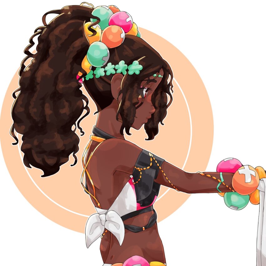 1girl back bare_shoulders black_hair breasts crop_top dark-skinned_female dark_skin fire_emblem fire_emblem_engage hair_ornament highres long_hair nintendo occultoctoling ponytail red_eyes small_breasts solo timerra_(fire_emblem) upper_body wavy_hair