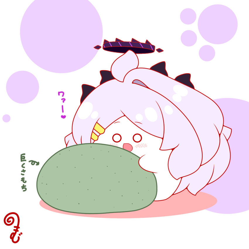 :d ahoge arrow_(symbol) blue_archive blush chibi colored_shadow food food_request grey_hair hair_ornament hairclip halo highres hina_(blue_archive) horns kurukurumagical long_hair o_o open_mouth parted_bangs shadow single_hair_intake smile solo standing translation_request very_long_hair white_background