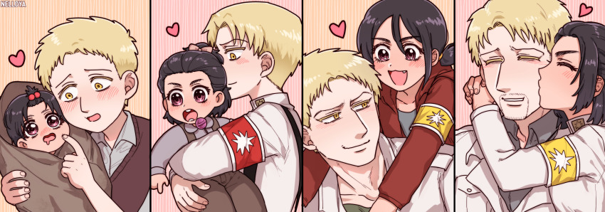 1boy 1girl age_progression aged_down armband artist_name baby black_hair blonde_hair blush brown_eyes candy carrying carrying_person child commentary_request cousins drooling facial_hair food gabi_braun goatee heart highres jacket kiss kissing_cheek lollipop mina_(als_dk) open_mouth piggyback reiner_braun shingeki_no_kyojin smile white_jacket yellow_eyes