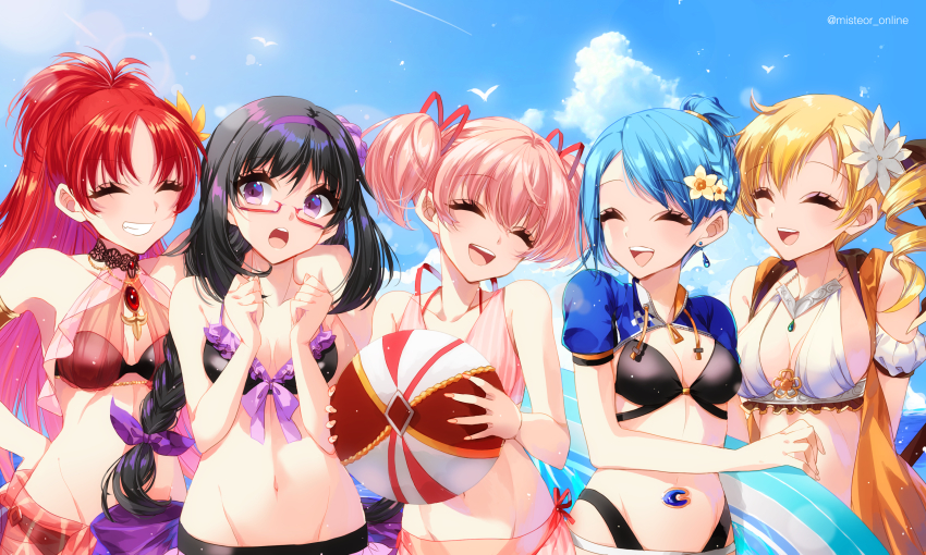 5girls absurdres akemi_homura akemi_homura_(swimsuit_ver.) bikini black_bikini black_hair blonde_hair blue_hair blush breasts cleavage closed_eyes drill_hair earrings facing_another flower grin hair_flower hair_ornament highres jewelry kaname_madoka kaname_madoka_(swimsuit_costume) large_breasts long_hair magia_record:_mahou_shoujo_madoka_magica_gaiden mahou_shoujo_madoka_magica medium_breasts medium_hair miki_sayaka miki_sayaka_(surfer_ver.) misteor multiple_girls navel open_mouth parted_lips pink_hair ponytail purple_eyes red_hair sakura_kyoko sakura_kyoko_(swimsuit_ver.) short_hair short_twintails side_drill smile swimsuit teeth tomoe_mami tomoe_mami_(swimsuit_ver.) twintails twitter_username upper_teeth_only