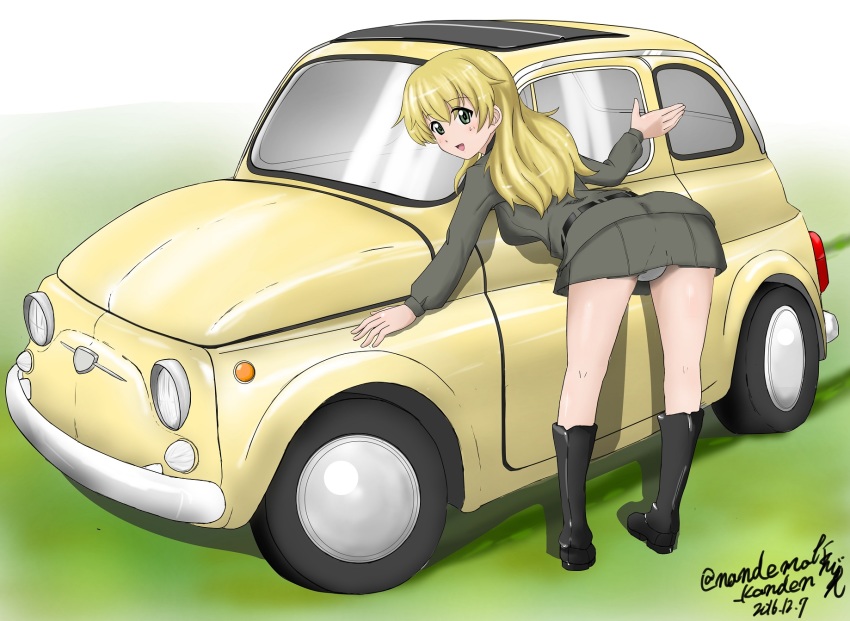 1girl anzio_military_uniform belt black_boots blonde_hair boots car carpaccio_(girls_und_panzer) commentary_request dated fiat fiat_500 girls_und_panzer green_eyes grey_jacket grey_skirt highres jacket leaning_forward long_hair long_sleeves looking_at_viewer looking_back military military_uniform miniskirt motor_vehicle nandemo_kanden open_mouth panties pantyshot partial_commentary skirt smile solo standing twitter_username underwear vehicle_focus white_panties yellow_car