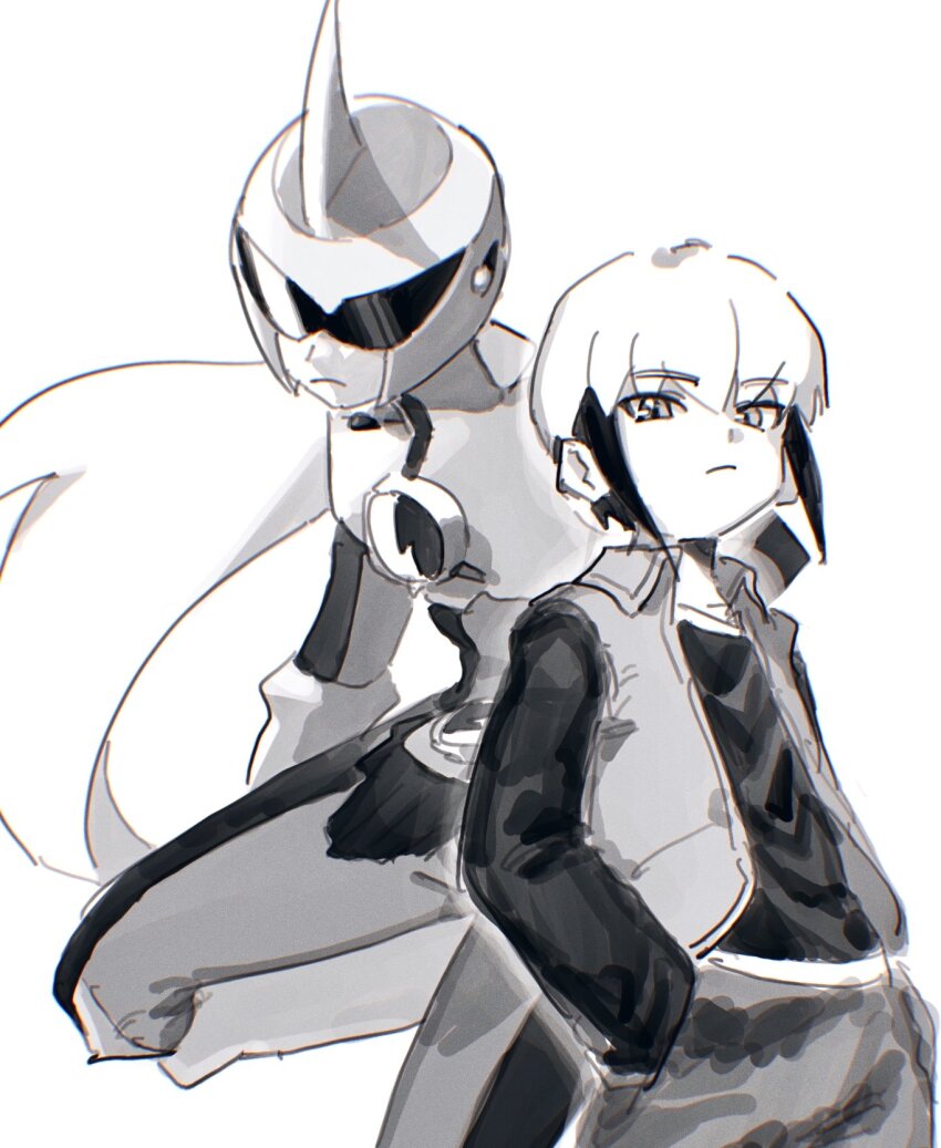 2boys armor bodysuit cowboy_shot eugene_chaud_(mega_man) greyscale hand_in_pocket helmet highres long_hair male_focus mega_man_(series) mega_man_battle_network_(series) monochrome multiple_boys netnavi noro_zt protoman.exe shirt short_hair simple_background vest white_background