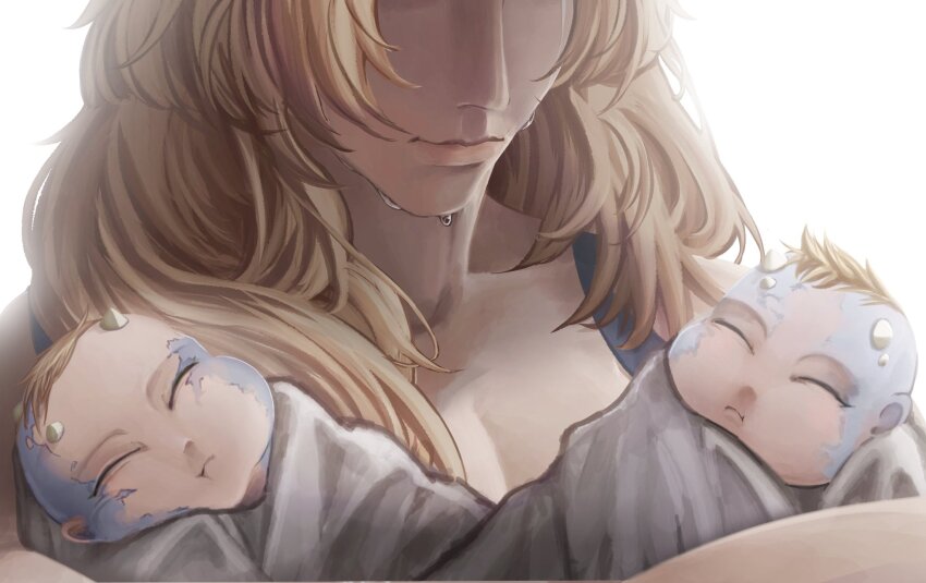 1girl 2boys baby blonde_hair brothers carrying_baby carrying_person closed_eyes closed_mouth commentary elden_ring english_commentary head_out_of_frame highres horns long_hair mohg_lord_of_blood morgott_the_omen_king mother_and_son multiple_boys multiple_horns queen_marika_the_eternal satsu-strive short_hair siblings simple_background sleeping tears twins white_background