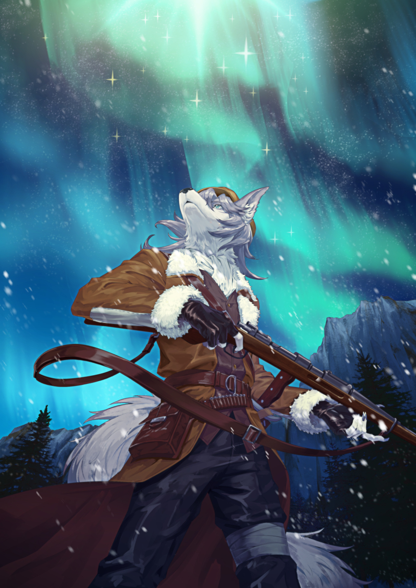 1boy absurdres animal_ears aurora brown_hat brown_jacket chinese_commentary commentary_request dog_nose fate/grand_order fate_(series) fingerless_gloves forest fur-trimmed_jacket fur_trim furry furry_male gloves grey_fur grey_hair gun hat highres holding holding_gun holding_weapon jacket looking_up male_focus mountain nature night night_sky parted_lips patxi_(fate) rifle sky snow star_(sky) tail weapon wolf_boy wolf_ears wolf_tail wumang_xing