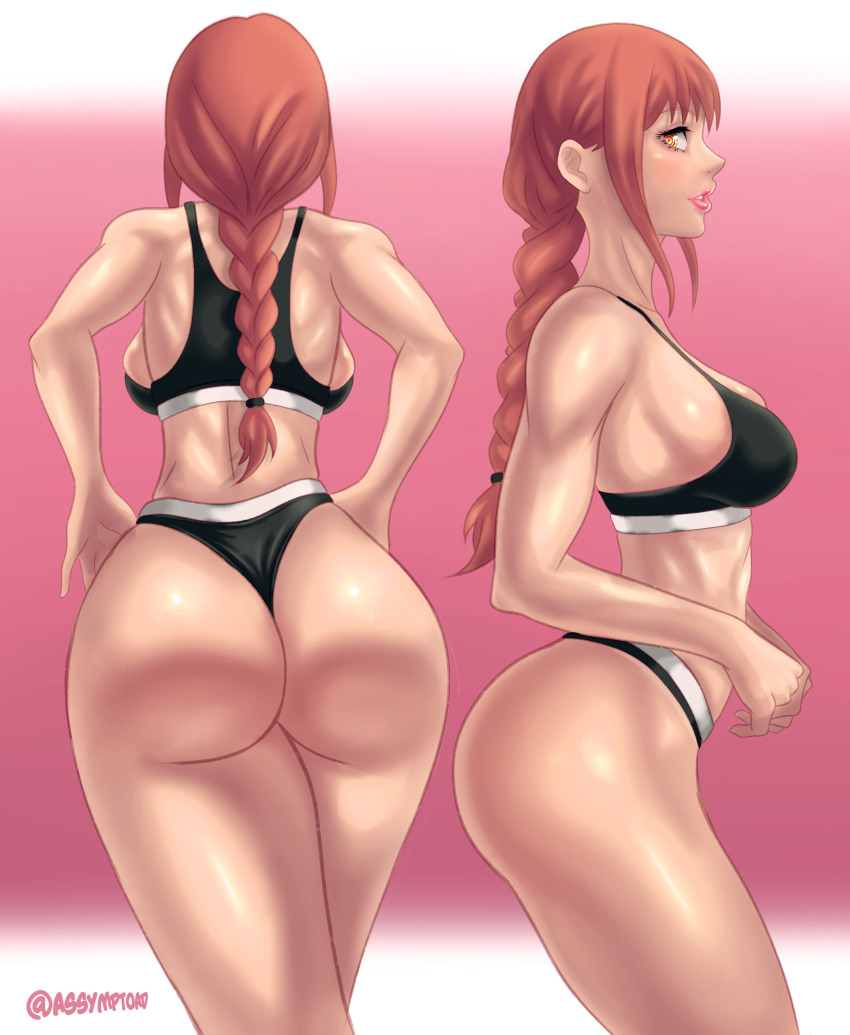 1girl absurdres ass ass_focus assymptoad athletic back backboob bare_shoulders black_panties black_sports_bra braid braided_ponytail breasts chainsaw_man cleavage collarbone grin highleg highleg_panties highres long_hair looking_at_viewer makima_(chainsaw_man) medium_breasts multiple_views navel panties profile red_hair ringed_eyes sideboob sidelocks smile sports_bra thick_thighs thighs thong toned underwear wide_hips yellow_eyes