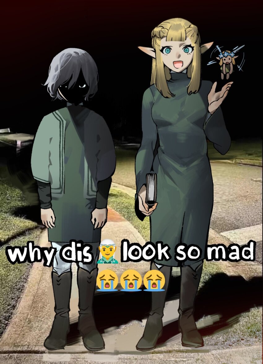 1boy 1girl :d black_eyes blonde_hair blue_eyes boots braid crying_emoji dungeon_meshi elf emoji english_text face_in_shadow fairy fairy_(dungeon_meshi) full_body gapamopa grey_hair half_up_braid hand_up highres knee_boots lazy_eye long_hair long_sleeves looking_at_viewer meme mithrun night open_mouth outdoors pattadol photo_background pointy_ears shade shadow short_hair sidewalk smile standing tunic uneven_eyes wavy_hair why_dis_ninja_look_so_mad_(meme)