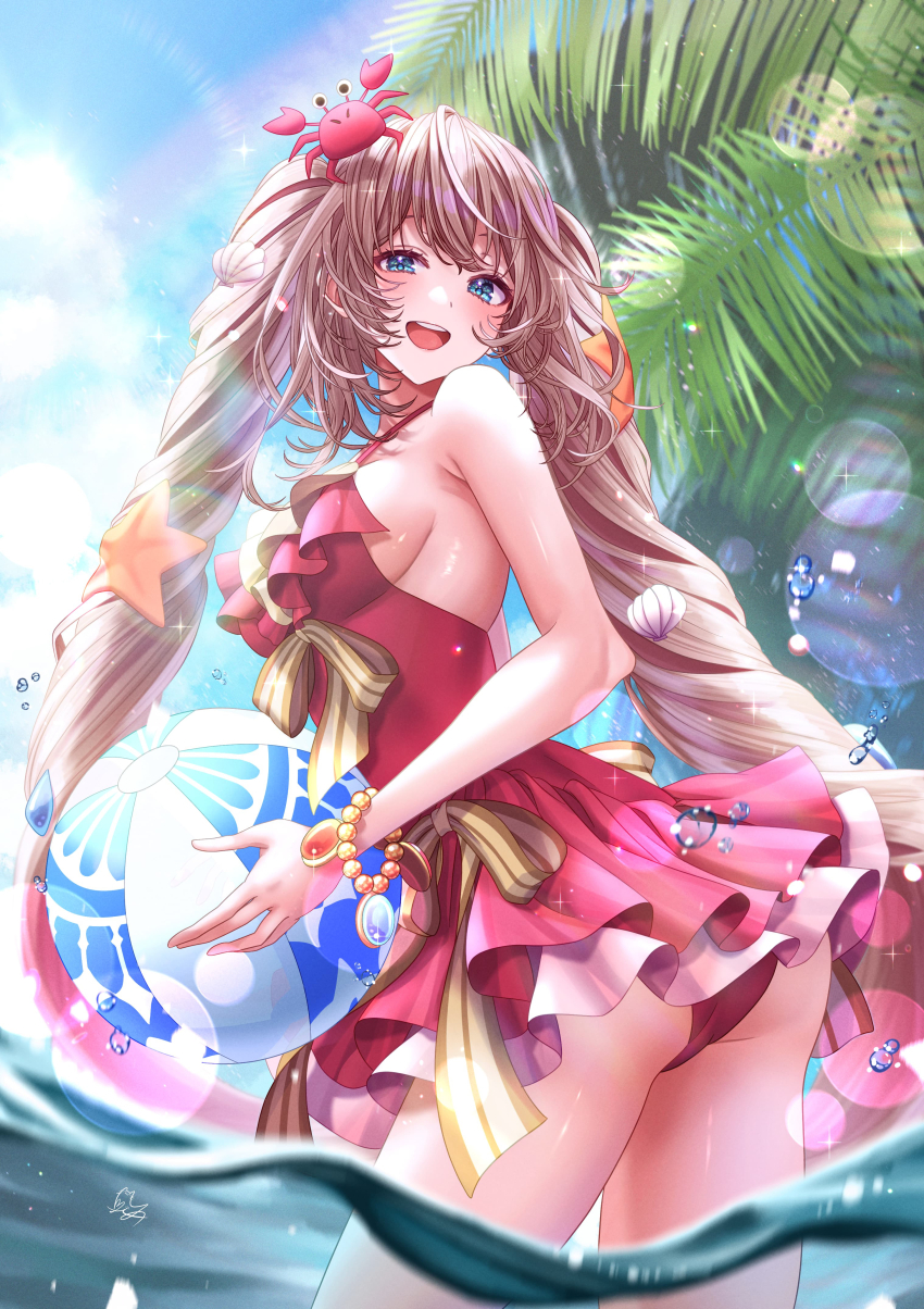 1girl absurdres ass ball beachball blue_eyes blue_gemstone blue_sky bracelet breasts crab drill_hair fate/grand_order fate_(series) gem highres holding holding_ball holding_beachball jewelry large_breasts light_brown_hair long_hair marie_antoinette_(fate) marie_antoinette_(swimsuit_caster)_(first_ascension)_(fate) medium_breasts one-piece_swimsuit open_mouth orange_gemstone palm_tree partially_submerged pink_one-piece_swimsuit shell_hair_ornament sideboob signature sky solo starfish_hair_ornament swimsuit totomiya tree wading water