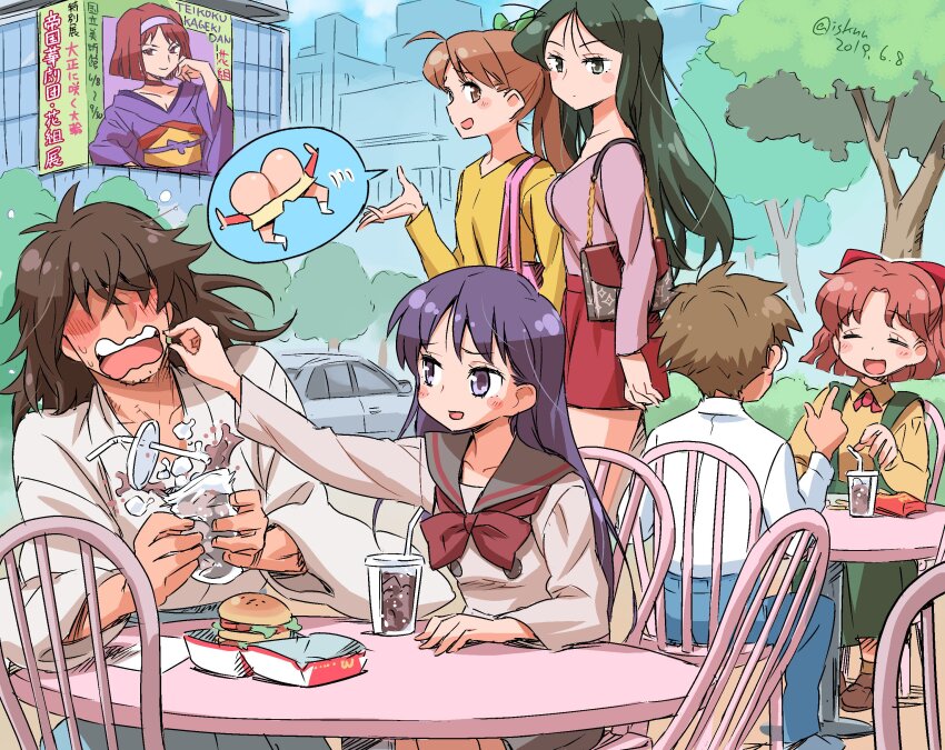 2boys 4girls ad ahoge artist_name ass bag bishoujo_senshi_sailor_moon black_eyes black_hair blue_pants blue_sky blush bob_cut bow bowtie breasts brown_eyes brown_hair brown_sailor_collar brown_shoes brown_skirt bubble_tea building burger bush car chair city closed_eyes closed_mouth collared_shirt commentary covered_eyes crayon_shin-chan crossover cup dated dating disposable_cup drink drinking_straw facial_hair flustered food food_on_face glasses goatee_stubble green_bow green_eyes green_hair green_skirt grey_shirt hair_bow hair_over_eyes hairband hand_up high_ponytail highres hino_rei holding holding_cup index_finger_raised isedaichi_ken ishizaka_midori japanese_clothes kanzaki_sumire kimono kumada_yuuichirou long_hair looking_at_another looking_to_the_side matsuzaka_ume mcdonald&#039;s medium_breasts mooning motor_vehicle multiple_boys multiple_girls neckerchief nohara_shinnosuke obi oosaka_naru open_mouth outdoors pants pink_bag pink_shirt pleated_skirt ponytail poster_(object) purple_hairband purple_kimono red_bow red_neckerchief red_skirt round_table sailor_collar sakura_taisen sash school_uniform serafuku shirt shoes short_hair shoulder_bag sitting skirt sky small_breasts smile speech_bubble spilling spoken_character standing stubble suspenders sweat table tomizawa_michie translated tree twitter_username umino_gurio voice_actor_connection walking white_shirt yellow_sash yellow_shirt