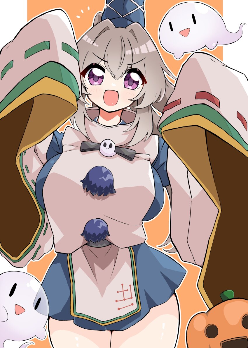 1girl :d absurdres animal_ears blue_dress blue_hat blush breasts commentary_request cowboy_shot detached_sleeves dress ghost grey_hair gurajio hair_between_eyes halloween hat highres indoors japanese_clothes kariginu large_breasts looking_at_viewer mononobe_no_futo open_mouth orange_background purple_eyes ribbon-trimmed_sleeves ribbon_trim sleeves_past_fingers sleeves_past_wrists smile solo tabard tate_eboshi touhou two-tone_background white_background white_sleeves white_tabard wide_sleeves