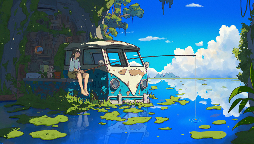 1girl abandoned abandoned_car animal barefoot black_hair blue_sky cat chinese_commentary cloud cloudy_sky day fishing fishing_rod full_body grass holding holding_fishing_rod long_hair moss motor_vehicle nature nemushima ocean original outdoors overgrown plant reflection reflective_water scenery shirt short_sleeves sitting sky solo summer tree van water white_shirt wide_shot
