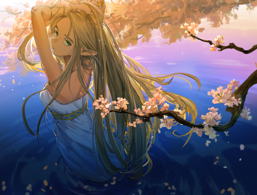 absurdres arms_up ashorz blonde_hair cherry_blossoms dress from_behind green_eyes hand_in_own_hair highres long_hair looking_at_viewer looking_back nintendo pointy_ears princess_zelda sleeveless sleeveless_dress the_legend_of_zelda the_legend_of_zelda:_breath_of_the_wild wading white_dress