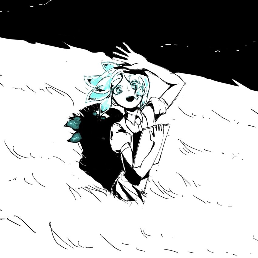 1other androgynous aqua_hair arm_up gem_uniform_(houseki_no_kuni) grass greyscale hashtag-only_commentary highres houseki_no_kuni jacket looking_at_viewer mikannotsubu monochrome necktie open_mouth other_focus phosphophyllite puffy_short_sleeves puffy_sleeves short_hair short_sleeves solo spot_color