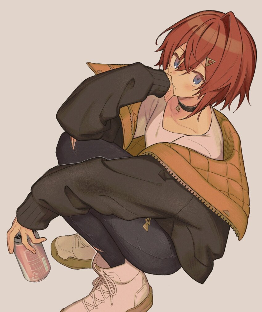 1girl agemono_ume ange_katrina ange_katrina_(5th_costume) ankle_boots arm_rest black_choker black_jacket blue_eyes blue_pants blush boots breasts can choker closed_mouth collarbone denim drink_can elbow_rest frown full_body grey_background hair_between_eyes hair_ornament hairclip hand_to_own_mouth highres holding holding_can jacket jeans lace-up_boots looking_at_viewer looking_to_the_side nijisanji open_clothes open_jacket orange_jacket pants pendant_choker quilted_jacket red_hair shirt short_hair simple_background single_hair_intake sleeves_past_wrists small_breasts solo squatting t-shirt torn_clothes torn_jeans torn_pants triangle_hair_ornament two-sided_fabric two-sided_jacket virtual_youtuber white_boots white_shirt