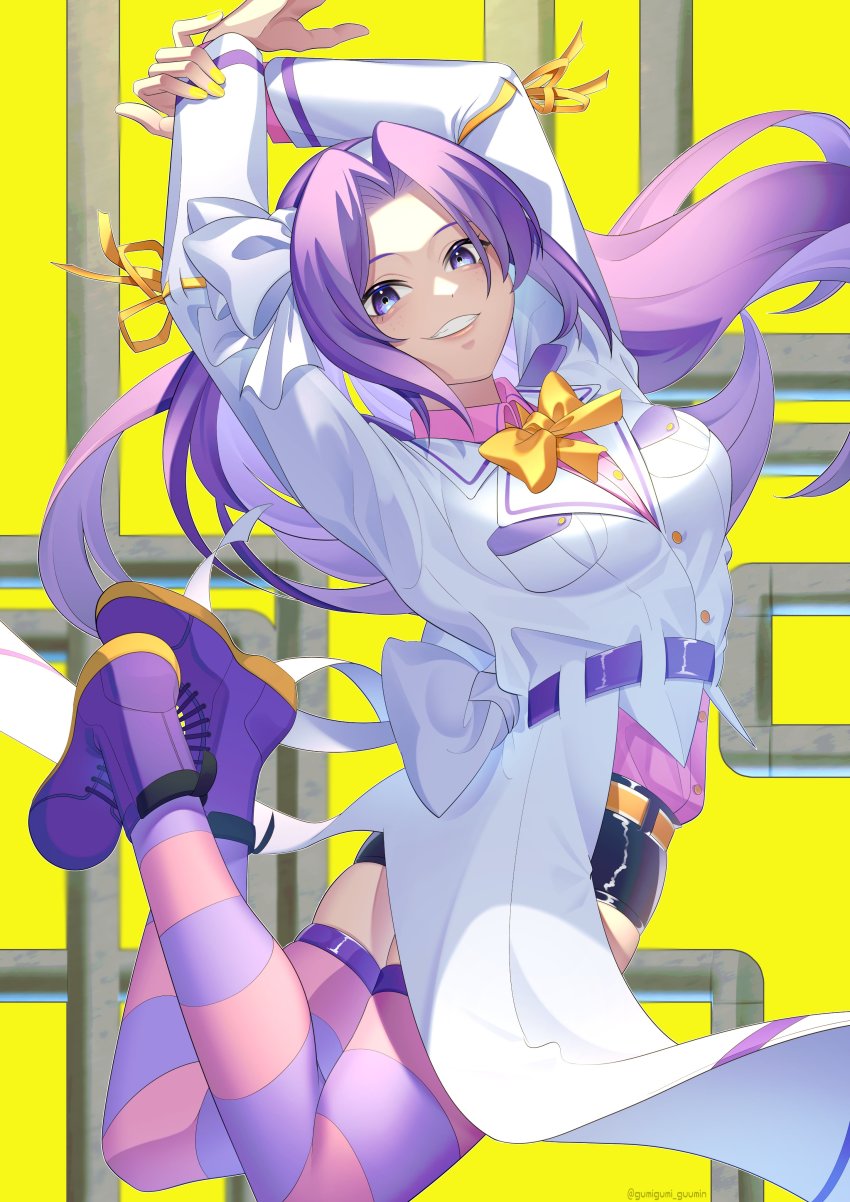 1girl absurdres arms_up asakura_rikako back_bow belt black_shorts borrowed_design bow bowtie breasts buttons closed_lab_coat coat collared_shirt colored_shoe_soles commentary_request forehead grin guumin hair_ribbon hairband highres lab_coat leg_up lips long_hair long_sleeves medium_breasts parted_bangs pocket purple_belt purple_eyes purple_footwear purple_hair purple_shirt purple_thighhighs ribbon ribbon-trimmed_sleeves ribbon_trim shirt short_shorts shorts smile solo striped_clothes striped_thighhighs thighhighs touhou touhou_(pc-98) two-tone_thighhighs upper_body very_long_hair waist_bow white_bow white_coat white_hairband white_ribbon yellow_background yellow_bow yellow_bowtie yellow_ribbon