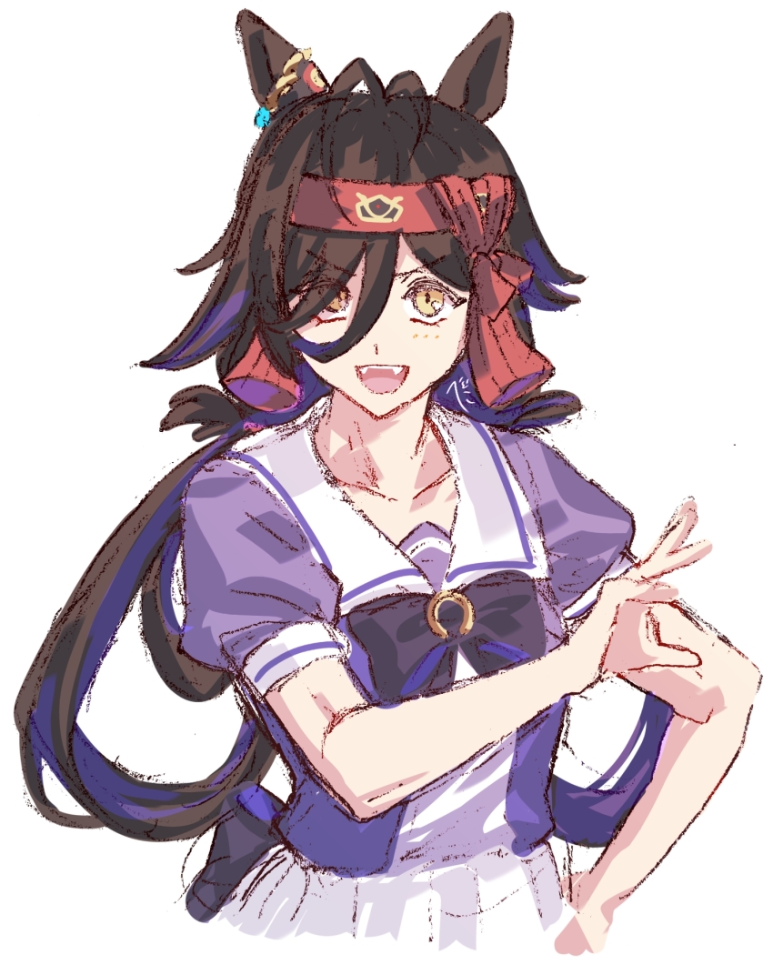 1girl animal_ears antenna_hair bow bowtie brown_hair ear_ornament fangs hair_over_one_eye hair_rings hand_on_own_hip headband highres horse_ears jagaimobeniko long_hair looking_at_viewer no no_reason_(umamusume) open_mouth purple_shirt sailor_collar school_uniform shirt short_sleeves simple_background skirt smile solo tracen_school_uniform umamusume upper_body white_background white_skirt yellow_eyes
