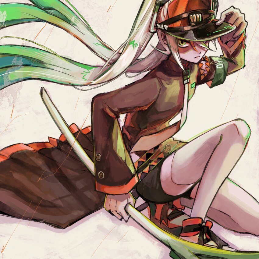 1girl adjusting_clothes adjusting_headwear armband black_shorts closed_mouth commentary detached_sleeves fighting_miku_(project_voltage) food from_side gloves green_armband green_eyes green_hair hair_between_eyes hatsune_miku highres holding holding_food holding_spring_onion holding_vegetable long_hair long_sleeves looking_at_viewer multicolored_hair necktie nintendo on_one_knee orange_trim pokemon project_voltage ramenma serious shorts simple_background single_detached_sleeve spring_onion thighhighs twintails unconventional_weapon vegetable very_long_hair visor_cap vocaloid white_gloves white_hair white_necktie white_thighhighs