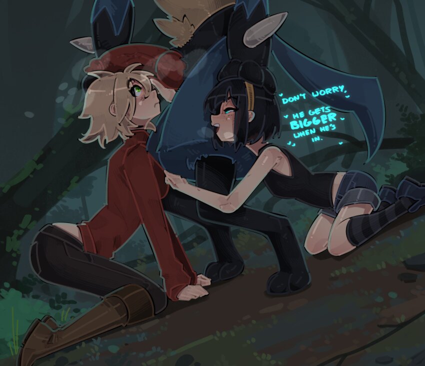1boy 2girls :d all_fours animal_penis aqua_eyes arched_back back_peek bare_shoulders black_hair black_pants black_shoes black_socks black_tank_top blue_shorts bob_cut body_freckles boots breasts brown_boots brown_hair character_request closed_mouth commentary commission dark denim denim_shorts english_commentary english_text fallen_tree ffm_threesome foliage forest freckles frown full_body furry furry_male gen_4_pokemon green_eyes grey_socks group_sex hair_between_eyes hairband hand_on_another&#039;s_leg handjob hands_on_another&#039;s_head head_out_of_frame heart hetero highres imminent_fellatio interspecies jeans kasia_mikolajczyk_(silverfox442) knee_boots kneehighs kneeling knotted_penis long_sleeves looking_at_another looking_at_penis looking_up lucario medium_breasts midriff_peek multiple_girls narrowed_eyes nature naughty_face nintendo open_mouth original outdoors pants path penis penis_awe pokemon pokephilia red_sweater road rock shirt shoes short_hair short_shorts shorts shuuko_(s_h_uuko) sidelocks sleeveless sleeveless_shirt sleeves_past_wrists small_breasts smile sneakers socks standing steam steaming_body striped_clothes striped_socks sweater tank_top threesome tree turtleneck upper_body yellow_hairband