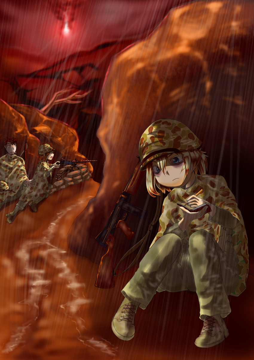 absurdres blonde_hair brown_hair browning_m1919 combat_helmet dragoncastle gun helmet highres holding holding_gun holding_weapon m1_garand m1_helmet machine_gun medium_machine_gun military multiple_girls rifle soldier submachine_gun thompson_submachine_gun united_states_army united_states_marine_corps war weapon world_war_ii
