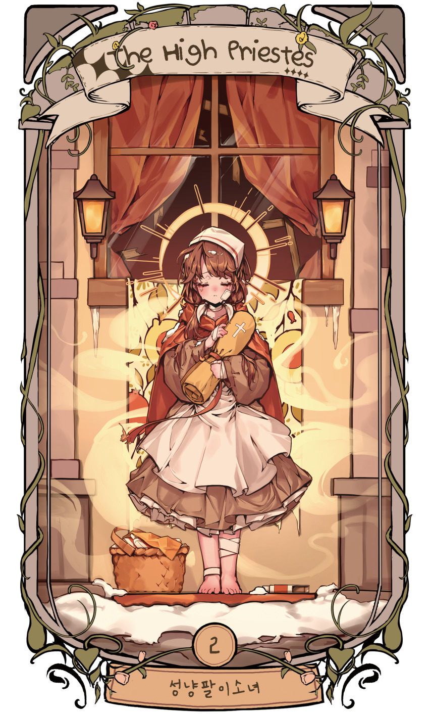 1girl absurdres andersen&#039;s_fairy_tales apron bandaged_ankle bandages barefoot basket braid brown_dress cape card_(medium) character_name closed_eyes closed_mouth commentary_request curtains cymlim dress english_text full_body halo headscarf highres holding icicle korean_commentary korean_text lantern little_match_girl long_sleeves low_twintails petticoat puffy_long_sleeves puffy_sleeves red_cape sad solo standing tarot tarot_(medium) the_high_priestess_(tarot) translation_request twintails typo white_apron window