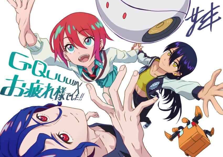 1boy 2girls amate_yuzuriha aqua_eyes aqua_shirt aqua_skirt black_hair blue_hair breasts closed_mouth collared_shirt colored_inner_hair conch_(gundam) gundam gundam_gquuuuuux haro holding jacket long_hair long_sleeves looking_at_viewer multicolored_hair multiple_girls necktie nyaan_(gundam_gquuuuuux) open_mouth purple_hair red_eyes red_hair robot school_uniform shirt short_hair shuji_ito simple_background skirt smile sweater tank_top two-tone_hair white_background yellow_eyes yoshiomi