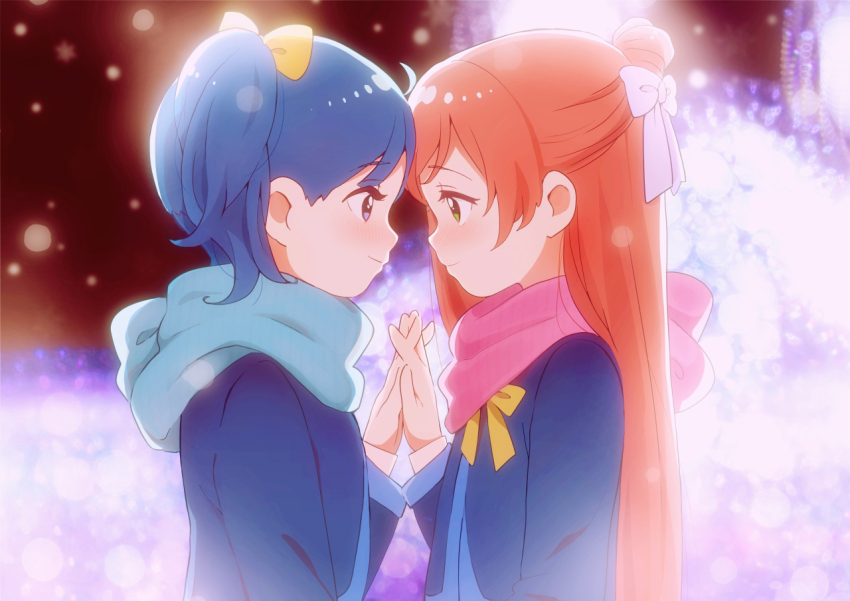2girls ahoge blue_eyes blue_hair blue_scarf blue_sweater blush bow bowtie christmas_lights closed_mouth green_eyes hair_bow hair_bun hair_ribbon hirogaru_sky!_precure holding_hands kyanos_(b_0000ff) long_hair long_sleeves medium_hair multiple_girls nijigaoka_mashiro pink_hair pink_scarf precure ribbon scarf school_uniform side_ponytail single_hair_bun snowing sora_harewataru sorashido_academy_school_uniform sweater upper_body white_ribbon yellow_bow yellow_bowtie yuri