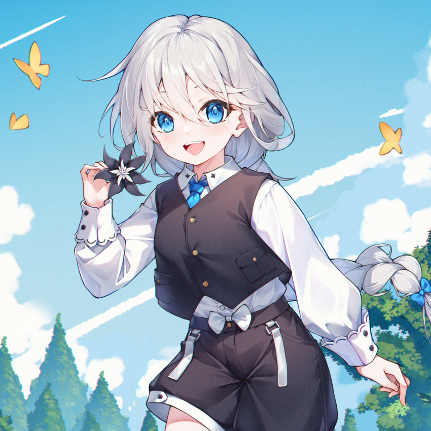 1girl aged_down apc556_(girls&#039;_frontline) black_shorts black_vest blue_bow blue_eyes blue_necktie bow bug butterfly cloud collared_shirt commission flower ge_zhong_kuaile girls&#039;_frontline hair_between_eyes hair_bow highres holding holding_flower insect long_hair long_sleeves looking_at_viewer necktie open_mouth outdoors pixiv_commission shirt shorts smile solo standing tree vest white_bow white_hair white_shirt yellow_butterfly